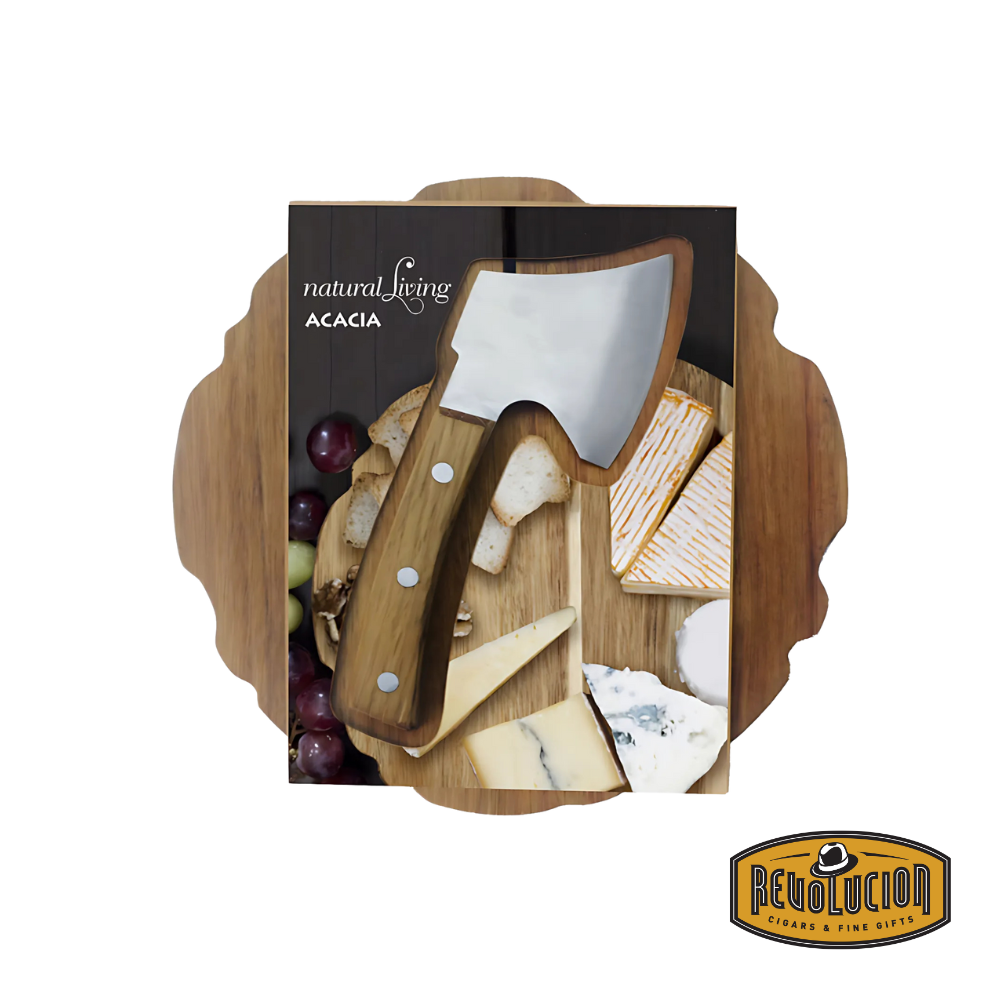 Wooden cheese board and chopper inside retail packaging, ready for gifting or display.