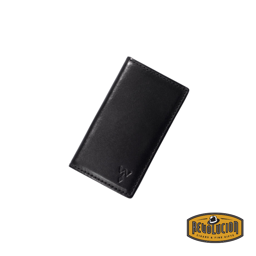 Black leather Wurkin Stiffs Power Stay Wallet in a sleek, closed front view, designed for organizing collar stays with style.