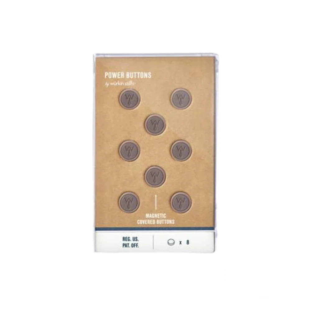 A box of Wurkin Stiffs Silver Magnetic Power Buttons, containing four pairs of strong magnetic stays designed to keep your collar perfectly in place.
