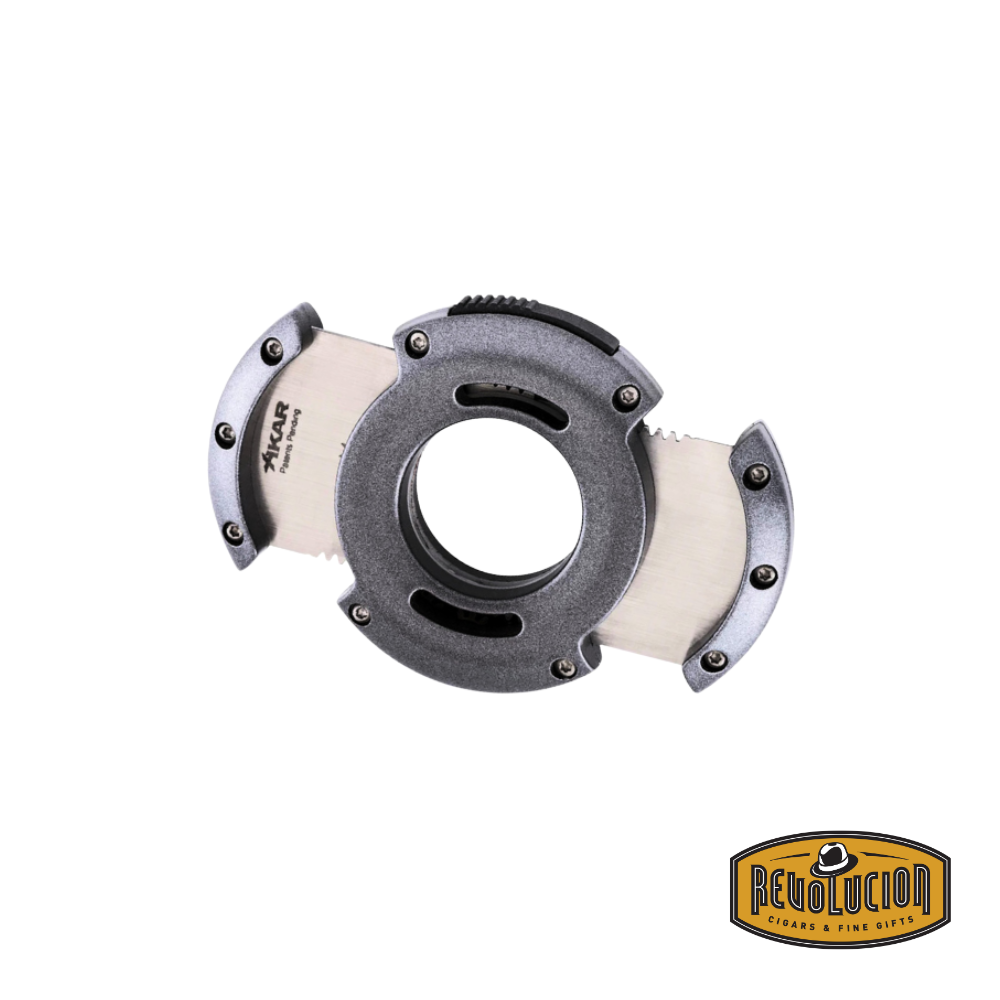 Xikar XO cigar cutter in gunmetal, fully opened, showing dual stainless steel blades and a sturdy circular design.