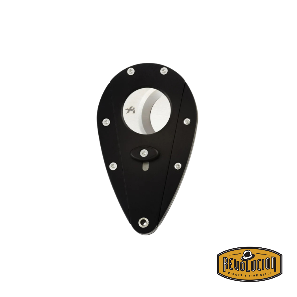 Xikar Xi1 Cigar Cutter Black – A high-quality double-guillotine cutter with a teardrop-shaped black aluminum body and stainless steel blades for precise cigar cuts.