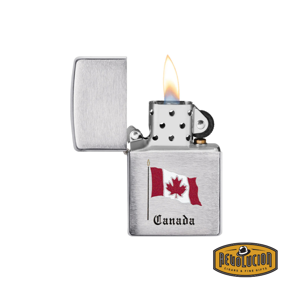 Opened Zippo Canada Flag Souvenir Design Lighter, revealing its windproof flame and signature metal casing.