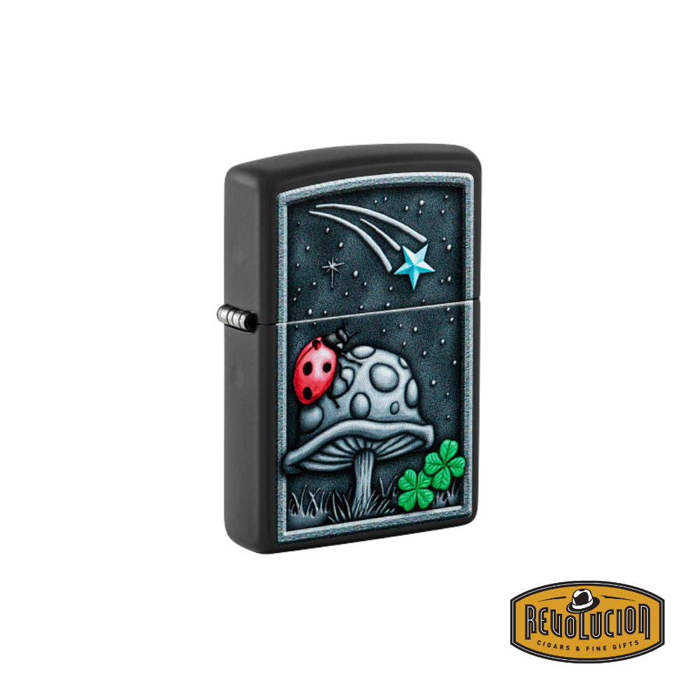 Zippo Ladybug Design lighter featuring a detailed 3D emblem with a ladybug on a mushroom, a shooting star, and a four-leaf clover.