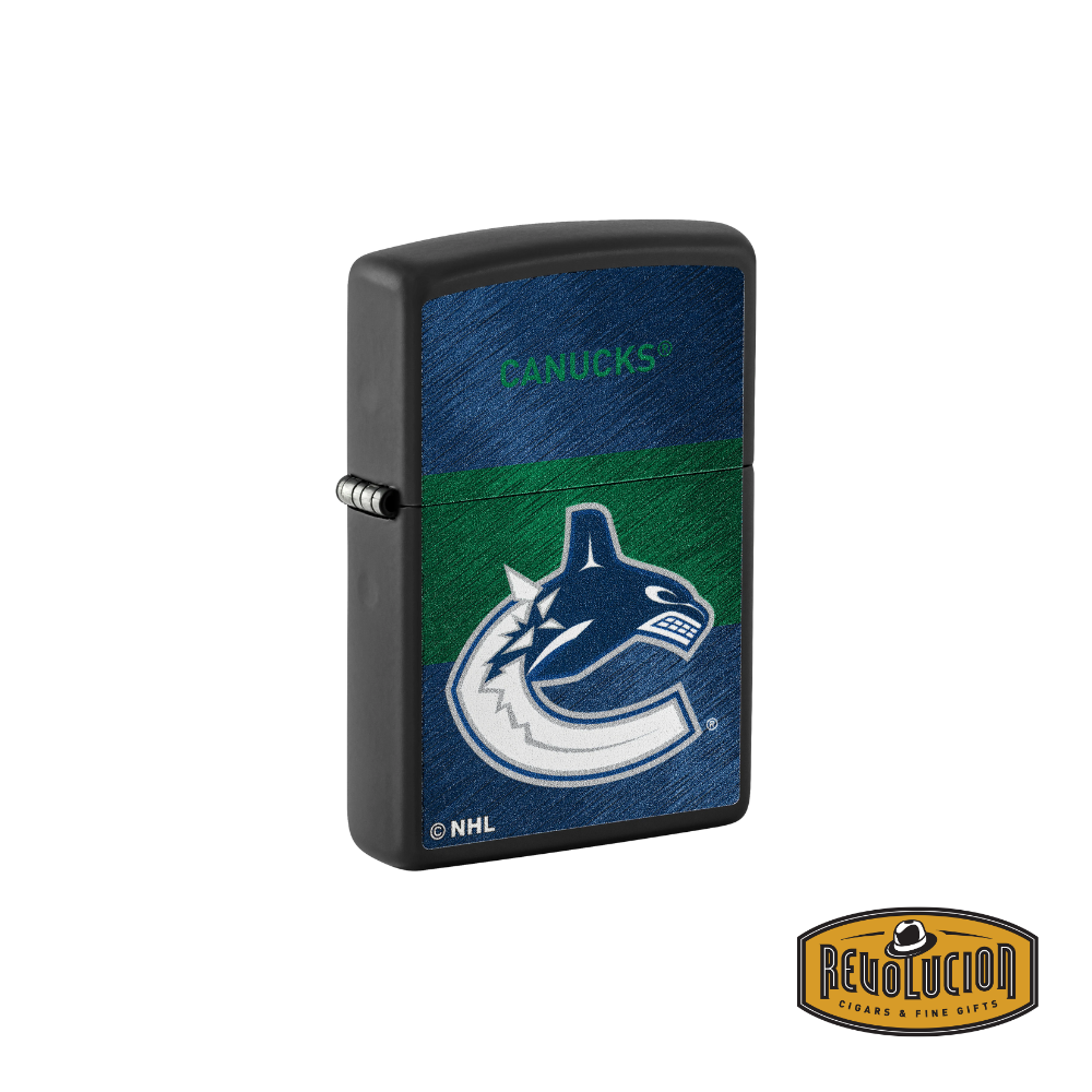 A black matte Zippo lighter featuring the Vancouver Canucks logo and team colors, with a brushed design effect on the front panel.