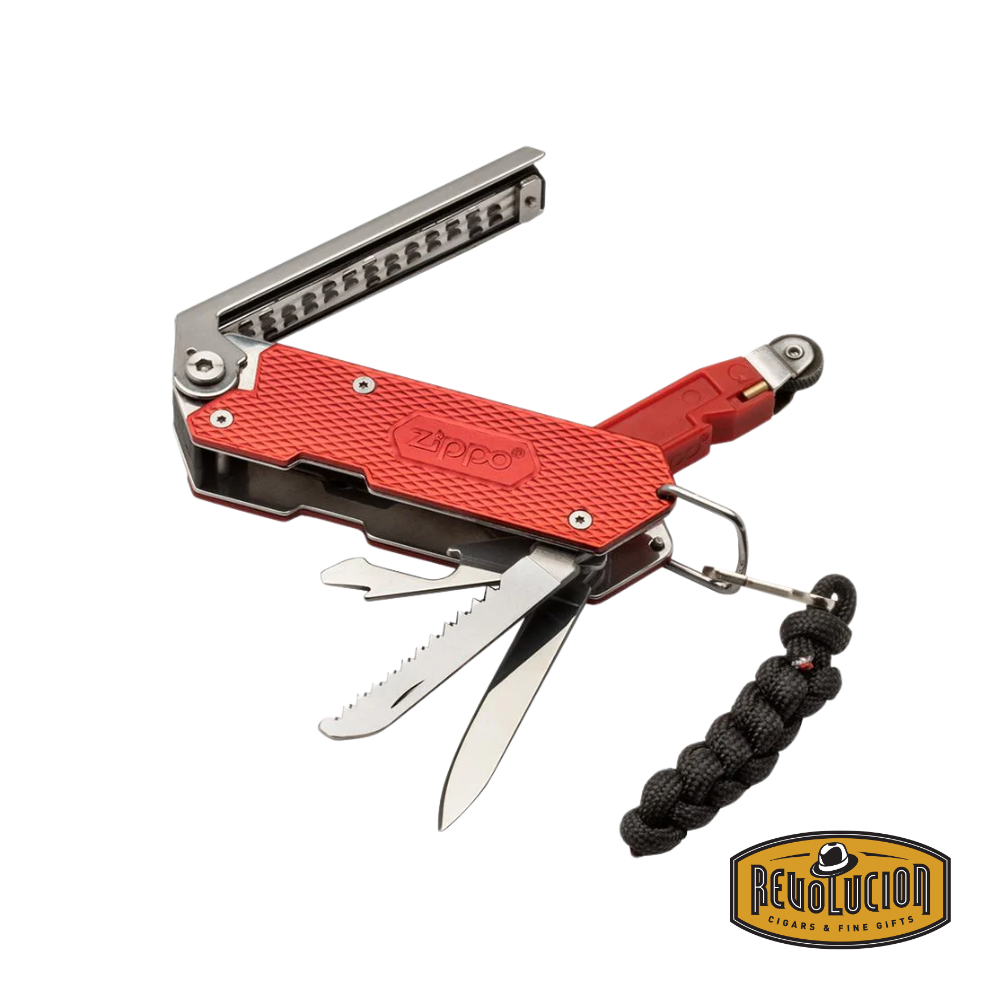 Front view of the Zippo Sure Fire Multi-Tool in red, displaying its compact folded form with the Zippo logo on the handle.