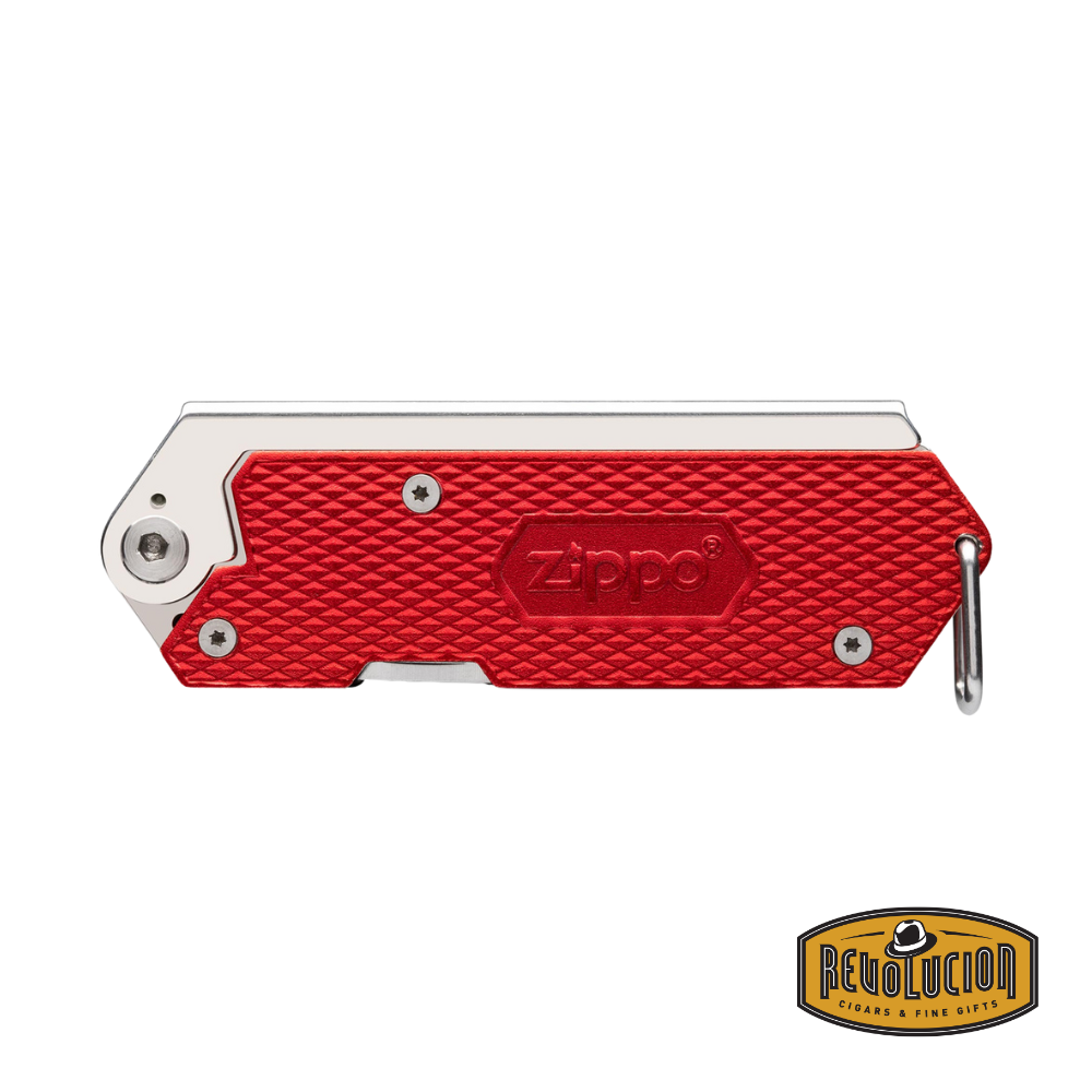 Angled view showing the red aluminum handle and part of the tools slightly exposed for contrast.