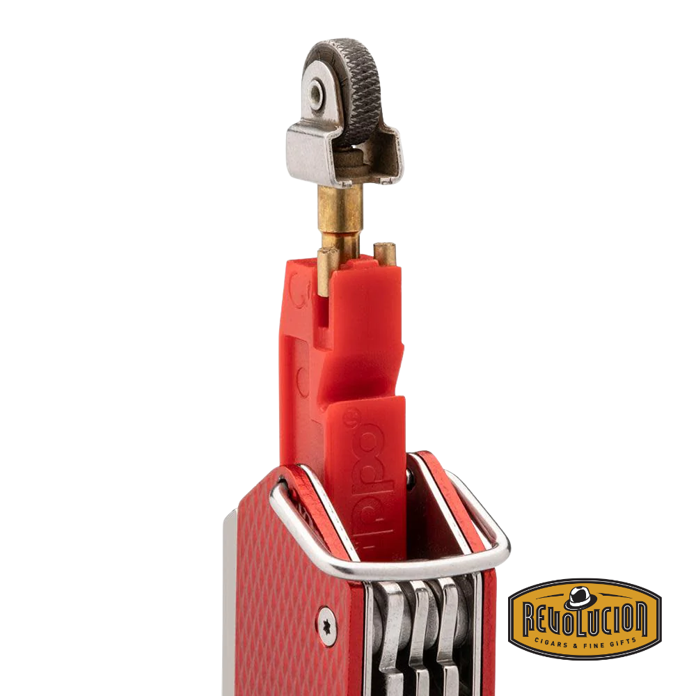 Close-up of the fire-starting flint wheel and insert, demonstrating its primary emergency fire-starting feature.