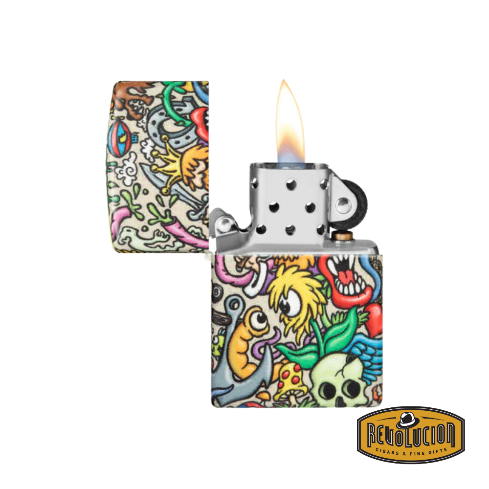 An opened Zippo lighter showcasing its flame and intricate tattoo-inspired artwork, filled with surreal and detailed graphics across both the lid and body.