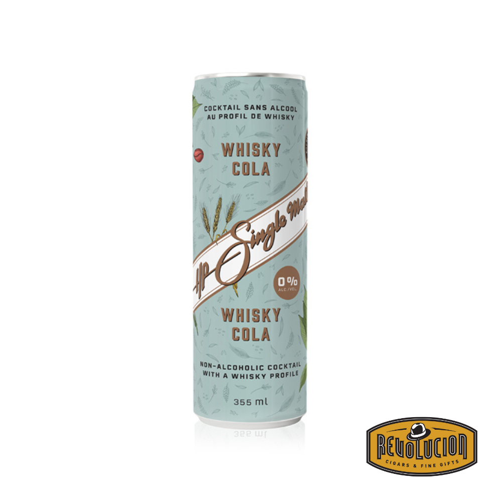 A light blue can with grain and cola accents, showcasing the HP Single Malt Whisky Cola, a non-alcoholic cocktail with a whisky profile. Includes the Revolucion logo in the corner.