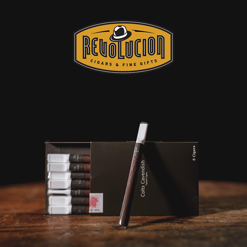 Colts Tip Cavendish Cigar box with a single cigarillo in front, highlighting its presentation and branding.
