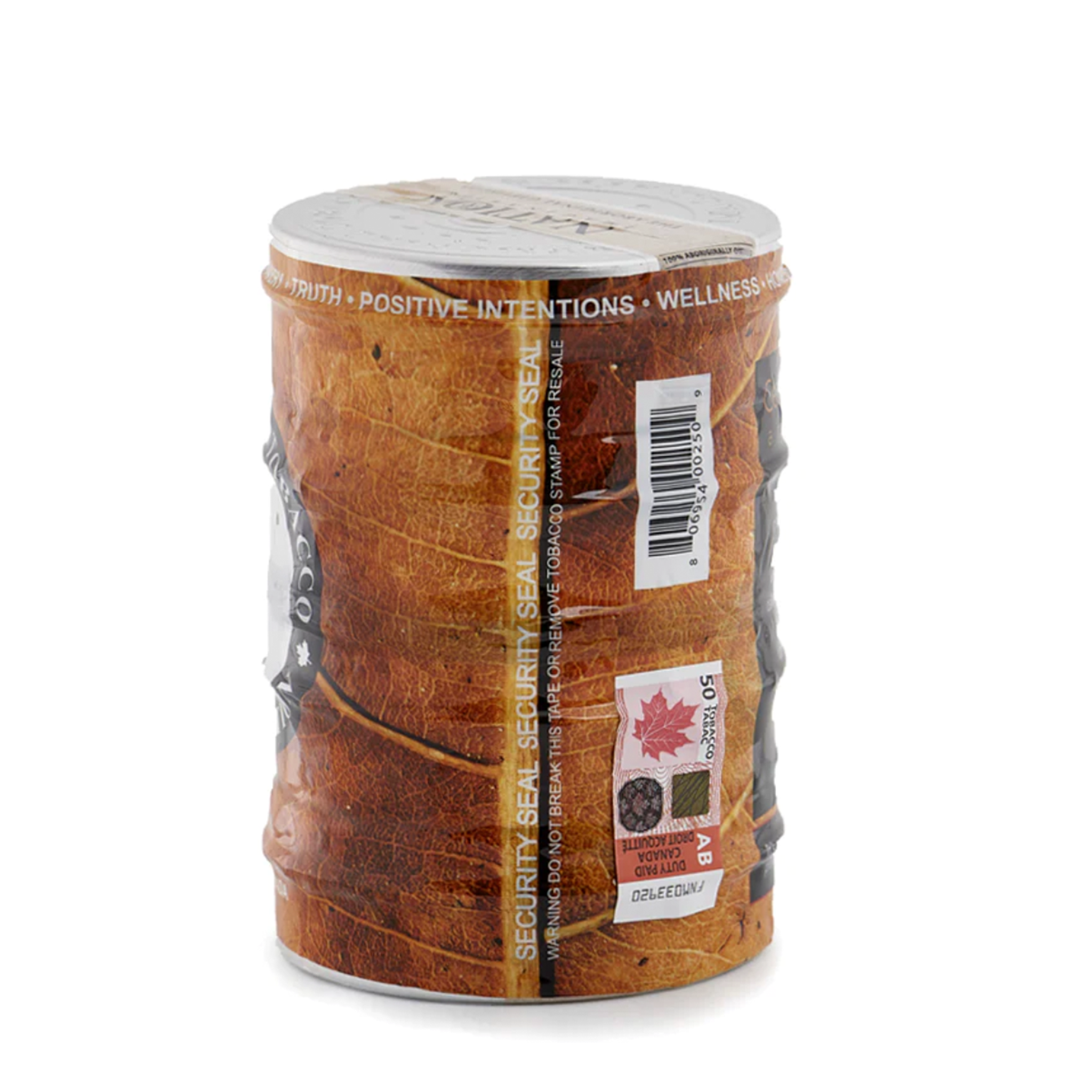 Side view of the gift pack highlighting the Canadian tax stamp sticker.