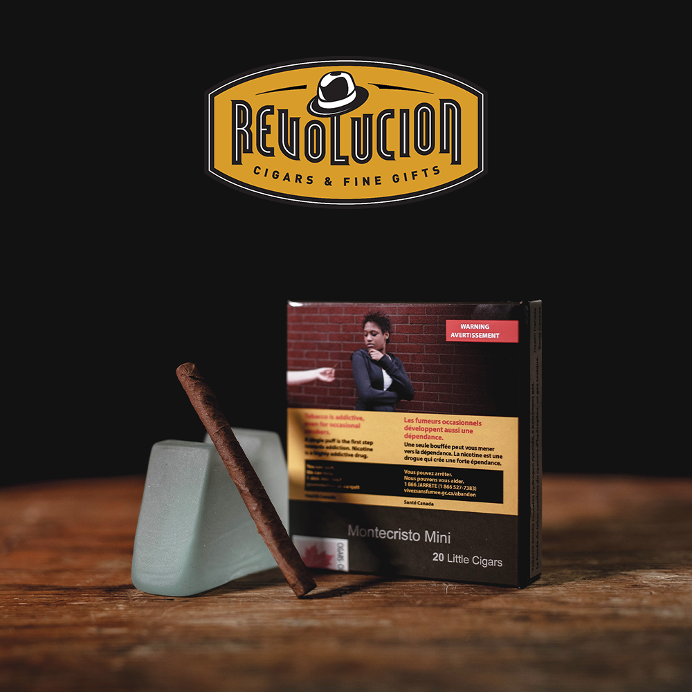 Montecristo Mini Mild-Medium Strength Cuban Cigarillo with plain packaging, featuring a single cigarillo in front.