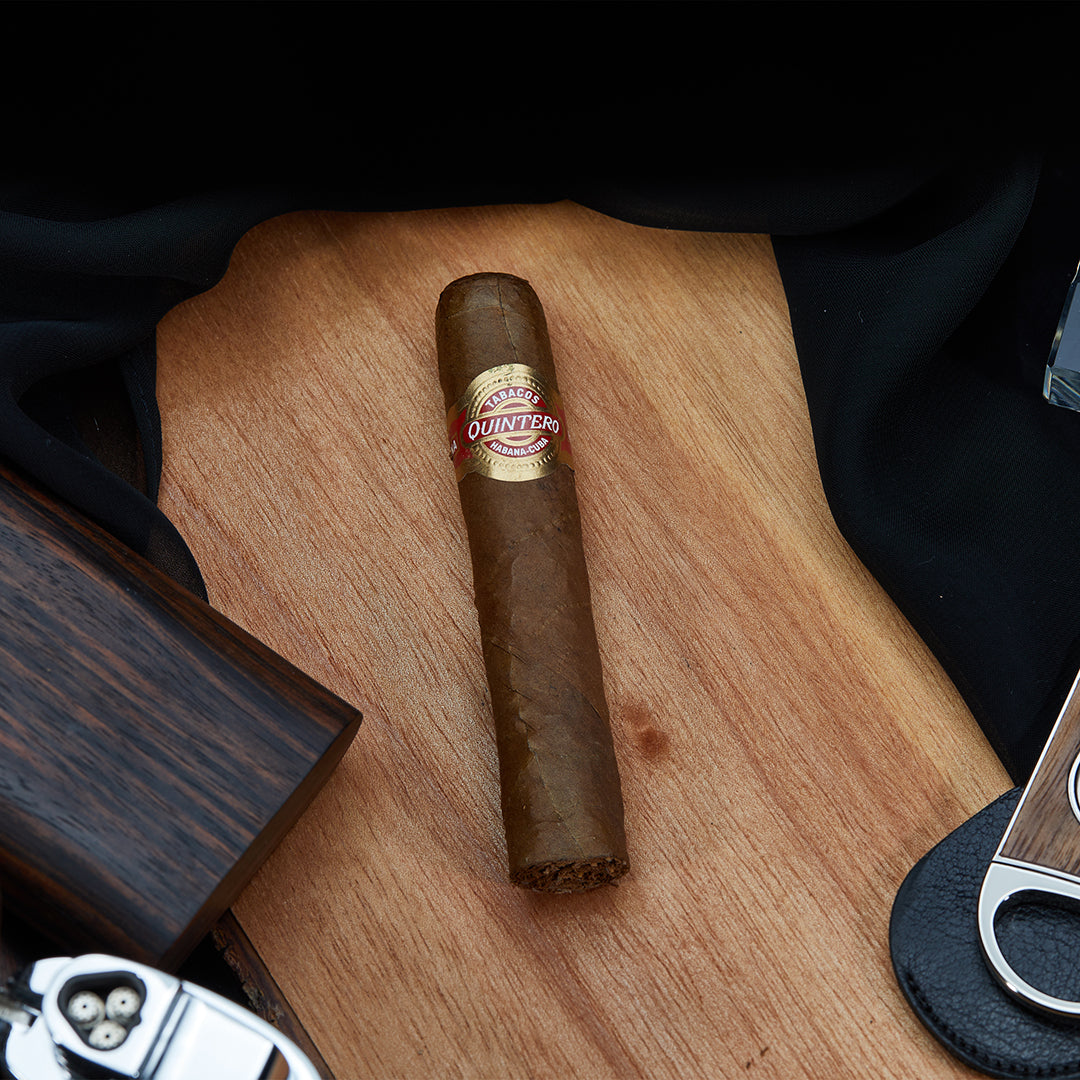 Quintero Favoritos Robusto Cuban cigar placed on a white background, showcasing a mild-medium strength profile and the classic Quintero band.