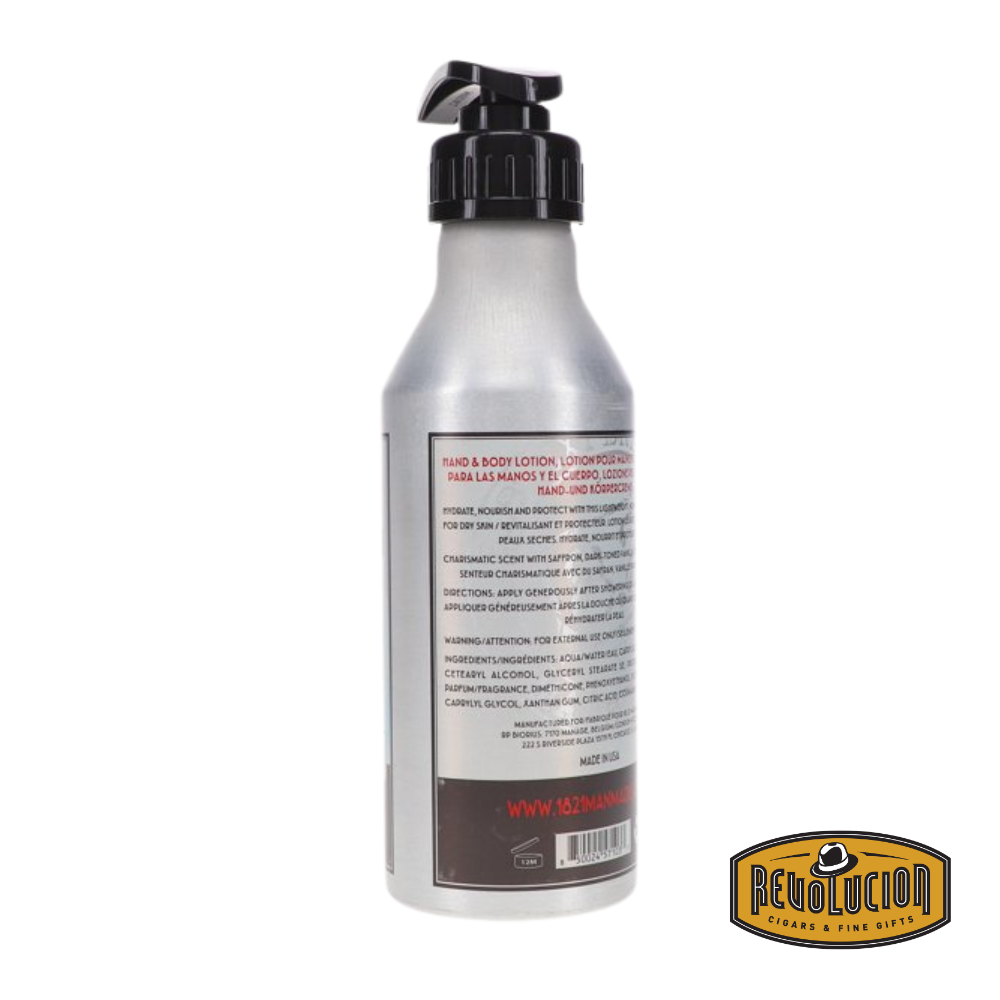 Back view of the 18.21 Man Made Octane 500 Hand and Body Lotion bottle, featuring detailed product description, usage instructions, and ingredients list printed clearly on the label.