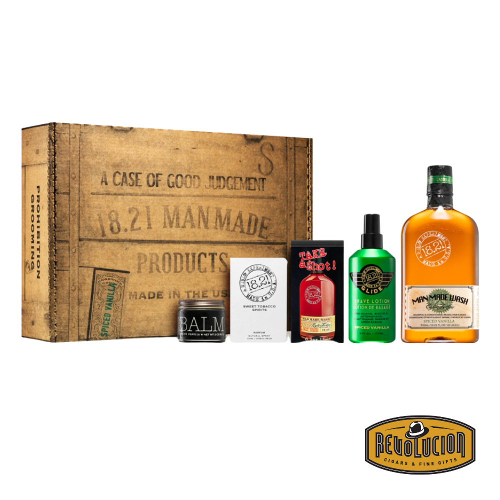 18.21 Man Made Prohibition Grooming Set in Spiced Vanilla scent, featuring a trio of grooming essentials in a vintage-style box inspired by the Prohibition era.