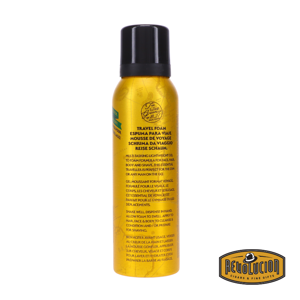 18.21 Man Made Spiced Vanilla Carry-On 4-in-1 Travel Foam – dual-view image showing the back of the travel-size grooming foam, featuring elegant, vintage-style packaging with detailed product information.