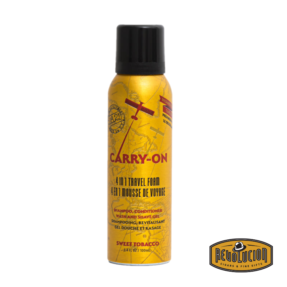 18.21 Man Made Sweet Tobacco Carry-On 4-in-1 Travel Foam – compact travel-sized grooming foam with vintage-inspired packaging, perfect for hair, body, face, and shave.