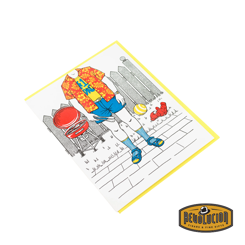 graphic line drawn fathers day card featuring father figure wearing tropical hawaiian print top, standing next to bbq. Letter press fathers day card made in Vancouver available at Revolucion Lifestyle in Yaletown and online. Mens fine gifts and more.