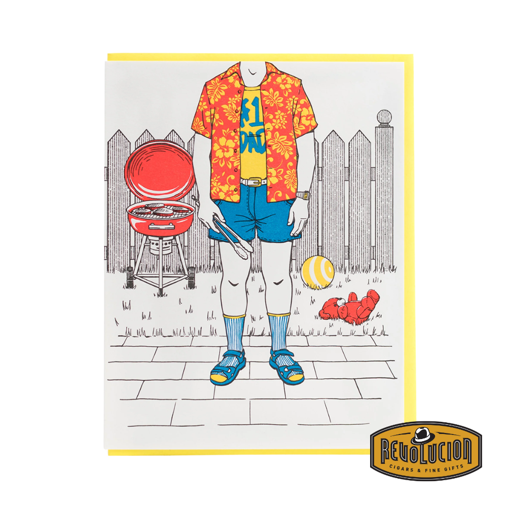 graphic line drawn fathers day card featuring father figure wearing tropical hawaiian print top, standing next to bbq. Letter press fathers day card made in Vancouver available at Revolucion Lifestyle in Yaletown and online. Mens fine gifts and more.