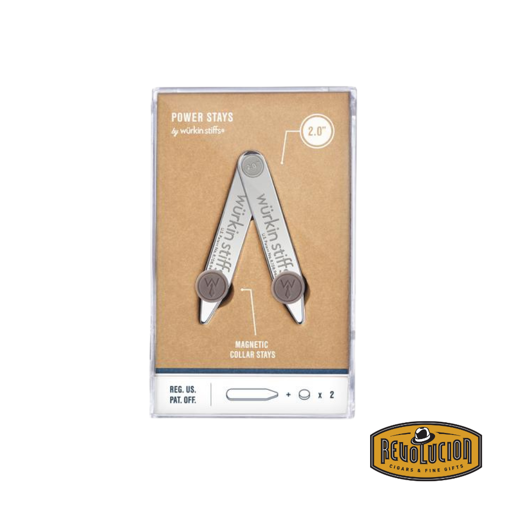 A box containing one pair of Wurkin Stiffs Power Stay 2-inch collar stays, designed to keep shirt collars crisp and in place with powerful magnetic support.
