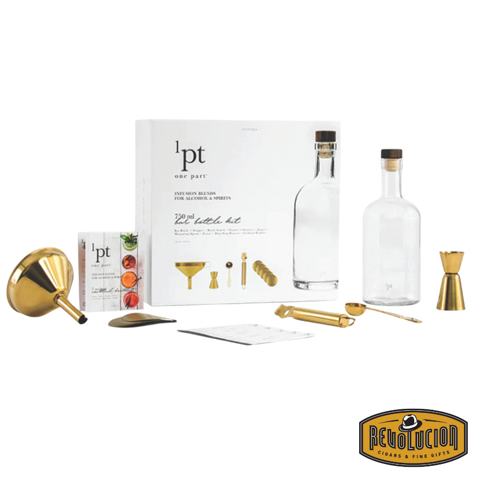 1pt Infusion Bar Bottle Kit displayed with all included tools, featuring a sleek infusion bottle, strainer, and measuring accessories, designed for crafting infused spirits at home.