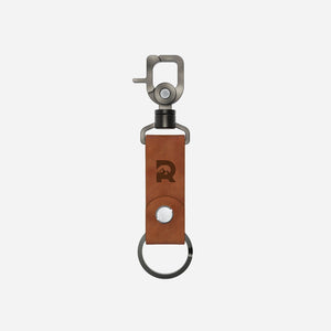 The Ridge Aluminium and Leather Keychain. Natural brown with  The Ridge logo stamp embossed. 