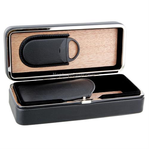 Prestige 3 Cigar Folding Leather Travel Case W/Cutter - Black