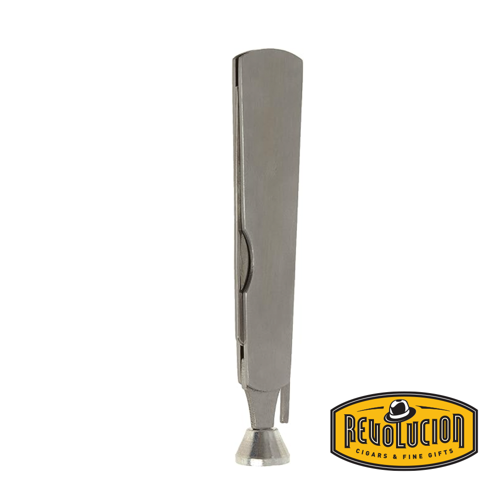 Silver metal pipe tool standing upright in its folded position. Revolucion Cigars &amp; Fine Gifts logo in the bottom corner.