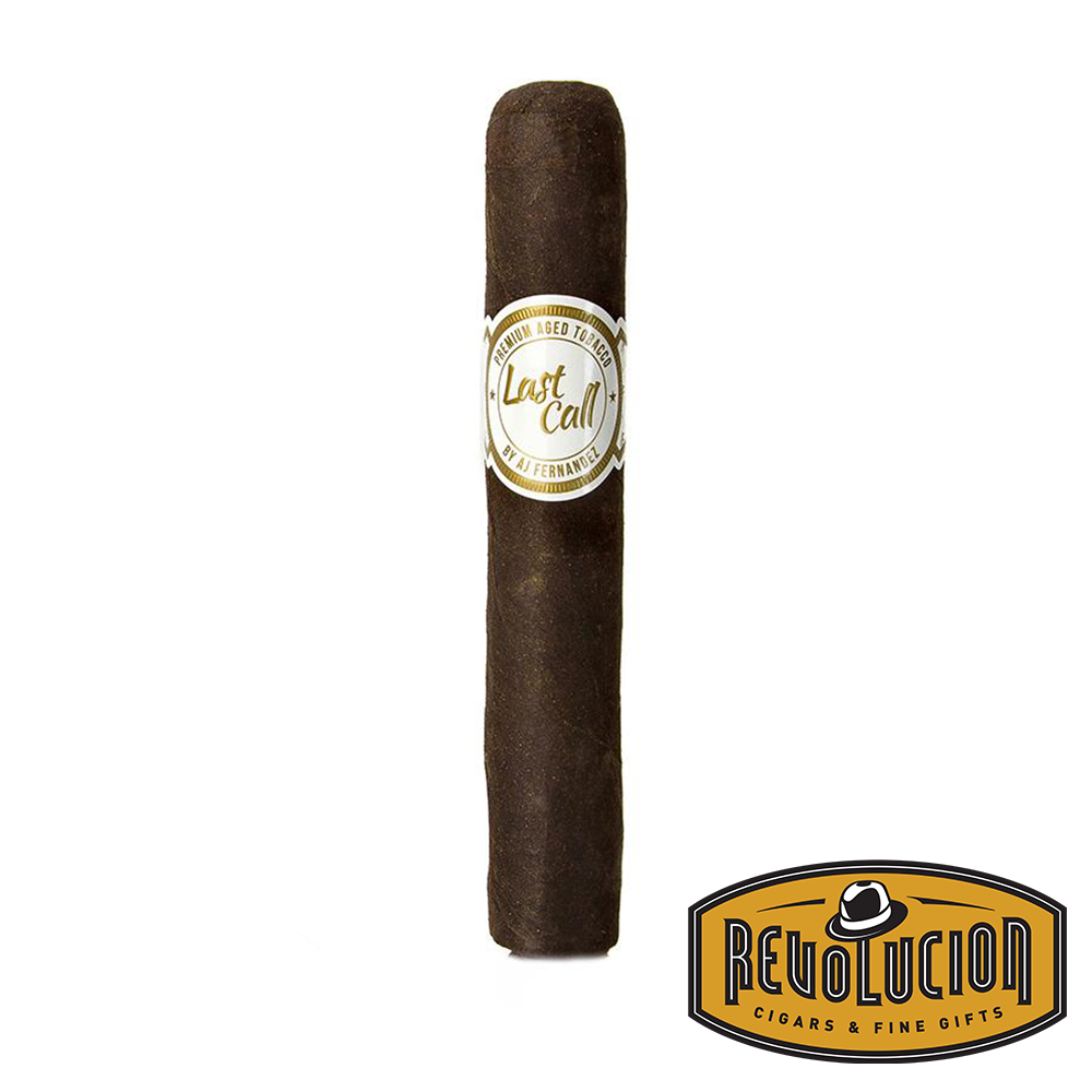 AJ Fernandez Last Call Geniales Maduro cigar with a dark, oily wrapper and a white and gold band labeled 'Last Call' by AJ Fernandez, displayed against a white background