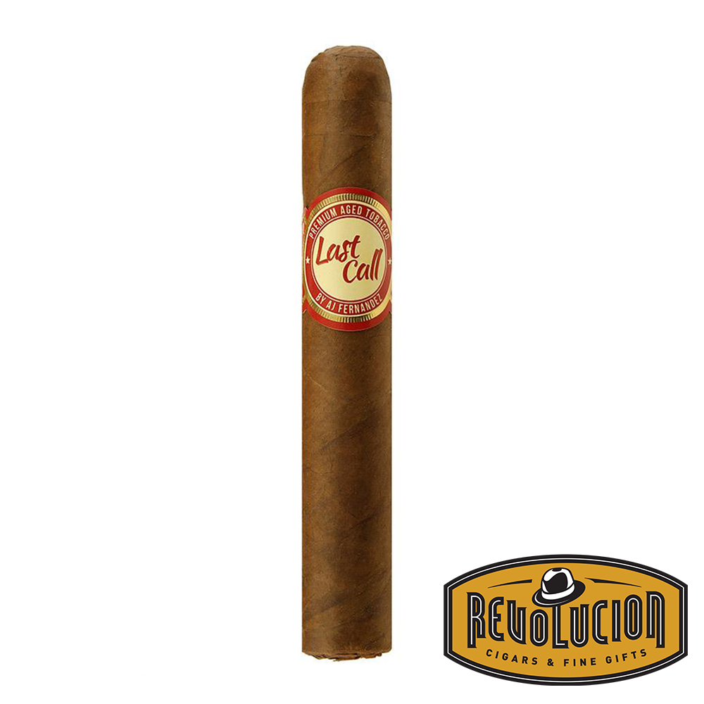 AJ Fernandez Last Call Geniales Habano cigar with a light brown wrapper and a white and red band labeled &#39;Last Call&#39; by AJ Fernandez, displayed against a white background.