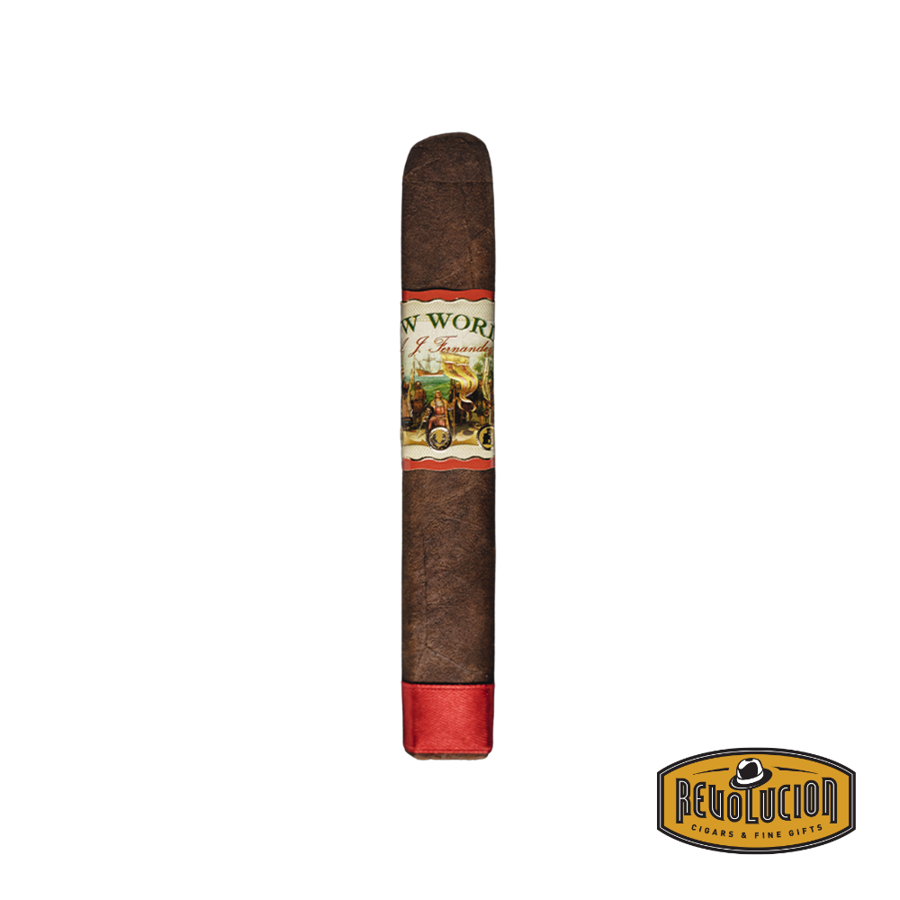 AJ Fernandez New World Oscuro Navegante Robusto Medium-Full Strength Nicaraguan Cigar on a white background with the Revolucion logo, showcasing its dark, oily wrapper and detailed band design.