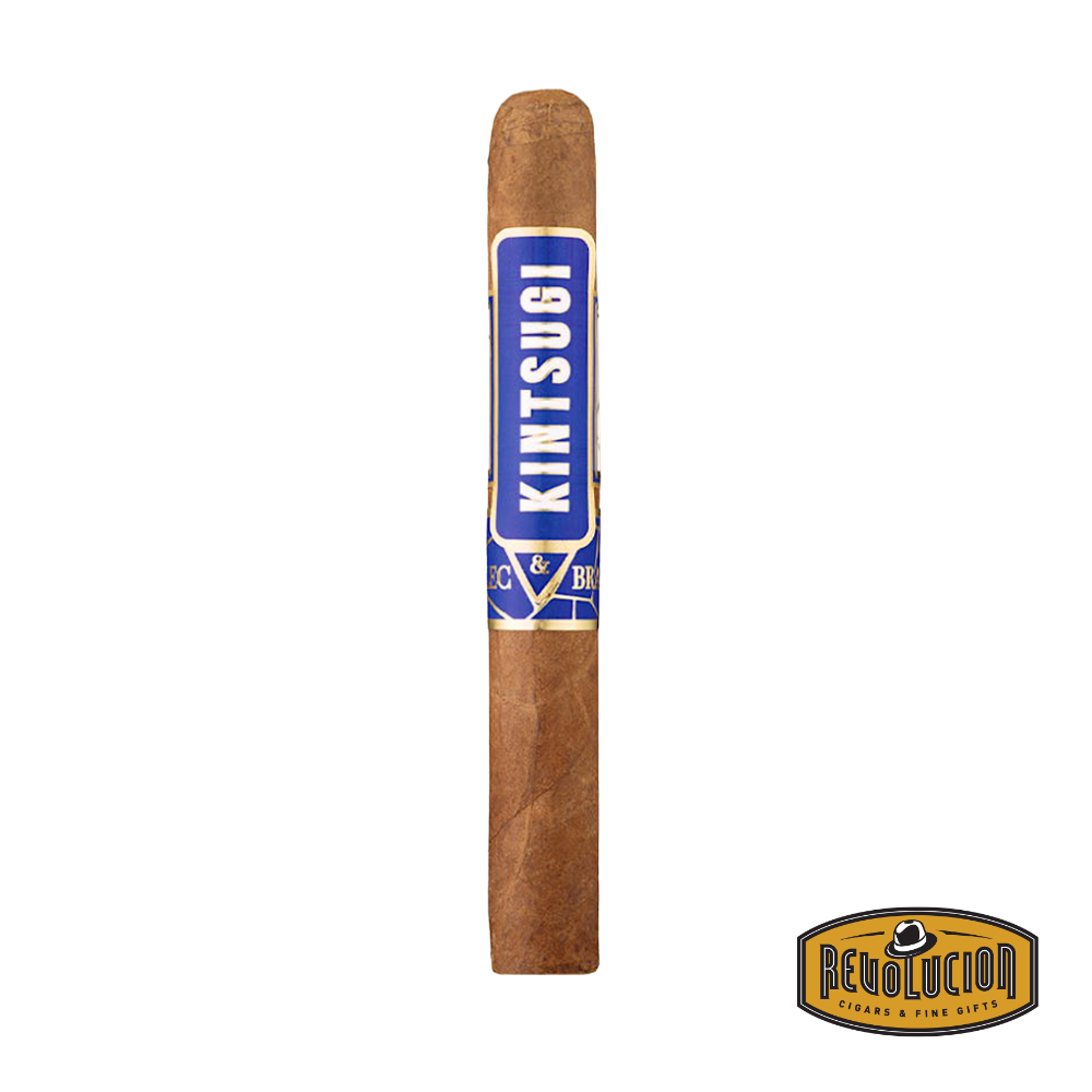 Alec Bradley Kintsugi Toro Medium-Full Strength Honduran Cigars displayed on a white background with the Revolucion logo, showcasing its rich, oily wrapper and the intricate band design inspired by the Japanese Kintsugi art.