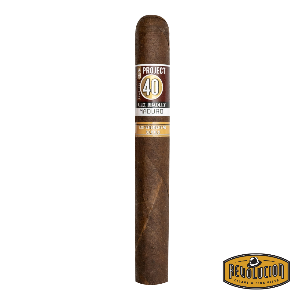 Alec Bradley Project 40 Maduro Toro cigar with a dark, oily wrapper and a detailed band featuring gold, red, and white accents.