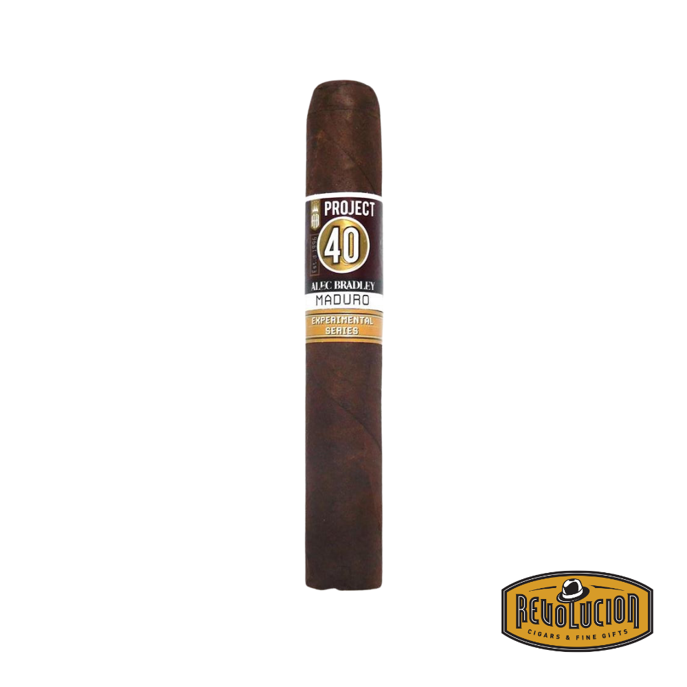Alec Bradley Project 40 Robusto Maduro cigar with a dark, oily wrapper and a detailed band showcasing the brand and series.