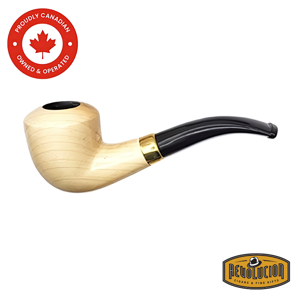 Brigham Anton Maple Natural #04 Smoking Pipe with a classic bent shape, featuring a light wood grain finish and a black stem with a gold band, displayed with the Revolucion Cigars & Fine Gifts logo.