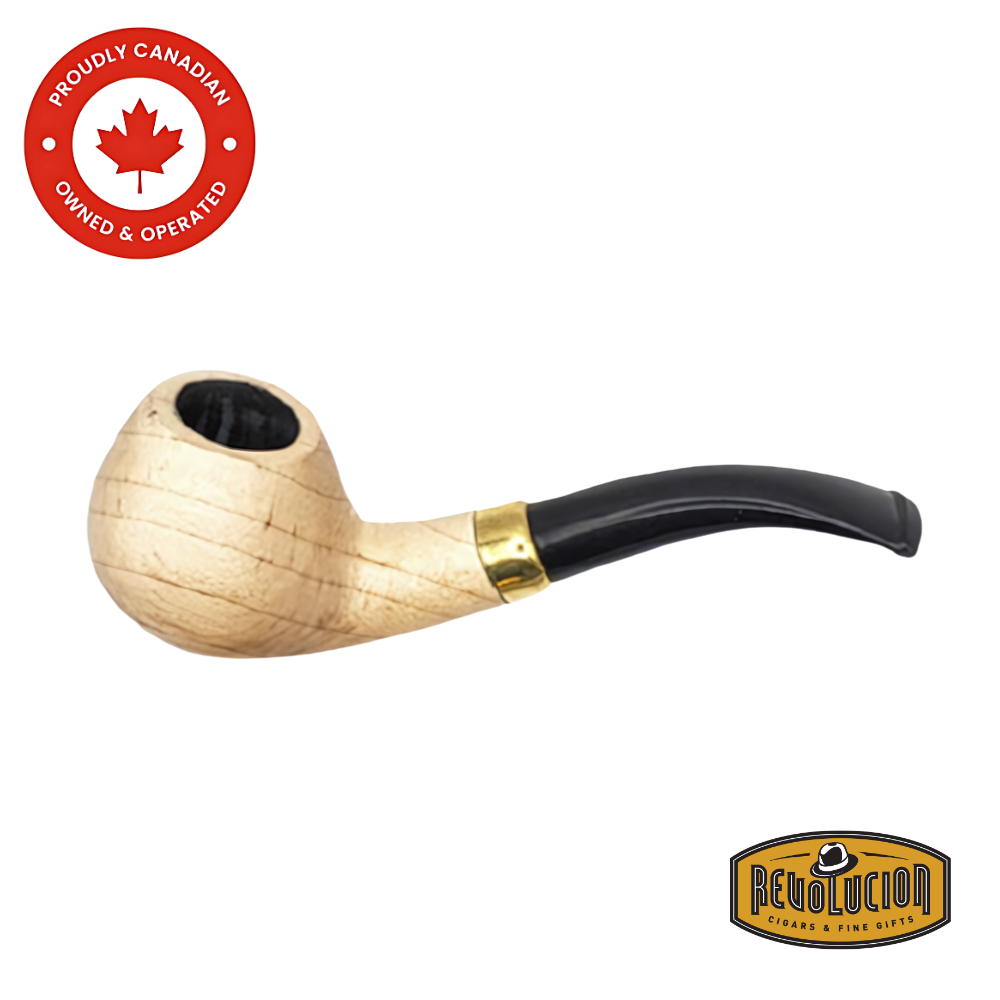 Brigham Anton Maple Natural #01 Smoking Pipe with a classic bent shape, featuring a light wood grain finish and a black stem with a gold band, displayed with the Revolucion Cigars & Fine Gifts logo.