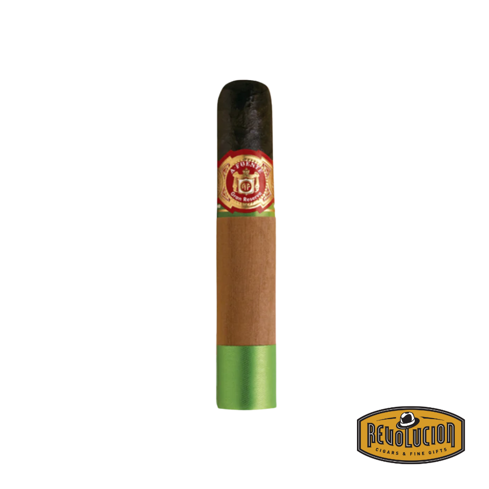 Arturo Fuente Chateau Fuente Maduro cigar displayed on a white background with the Revolucion logo, showcasing its dark maduro wrapper and classic band.