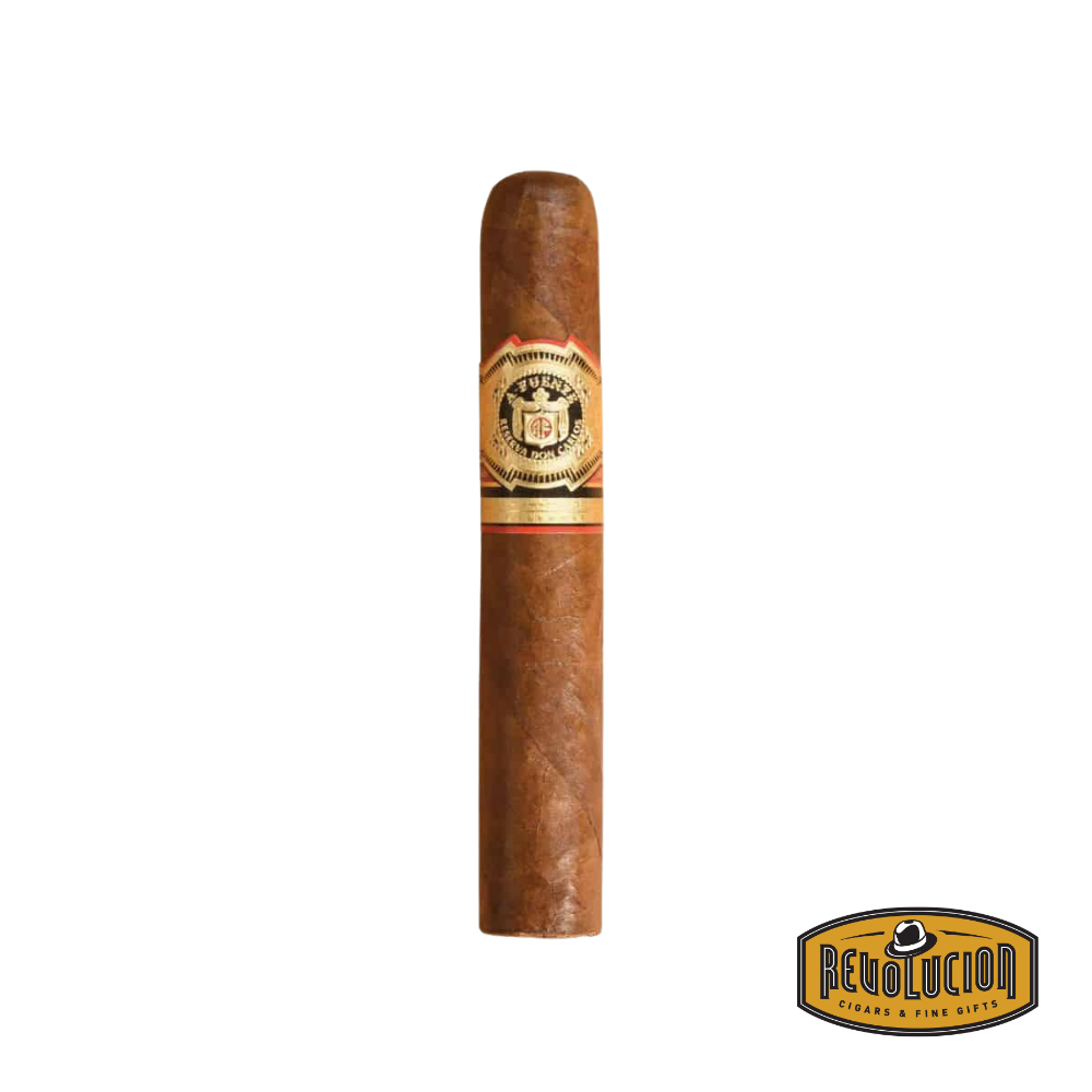 Arturo Fuente Don Carlos Robusto Dominican cigar on a white background with the Revolucion logo, showcasing a medium-full strength profile and the iconic Arturo Fuente band.