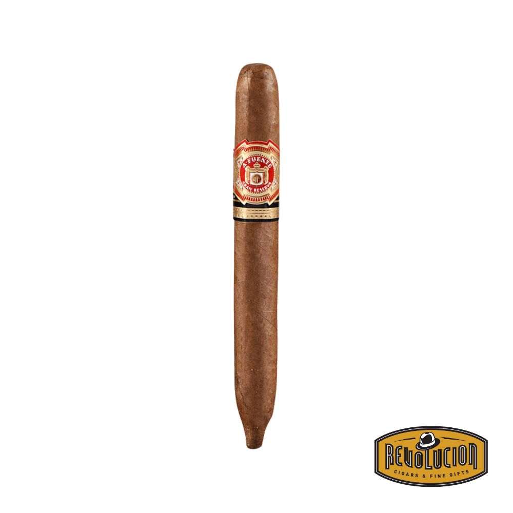 Arturo Fuente Hemingway Signature Figurado cigar displayed on a white background with the Revolucion logo, showcasing its unique figurado shape and signature Dominican craftsmanship.