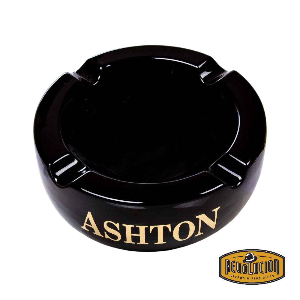 Ashton Large Black Ashtray featuring a sleek finish with four cigar grooves and the iconic Ashton logo with Revolucion Cigar &amp; Fine Gifts logo.