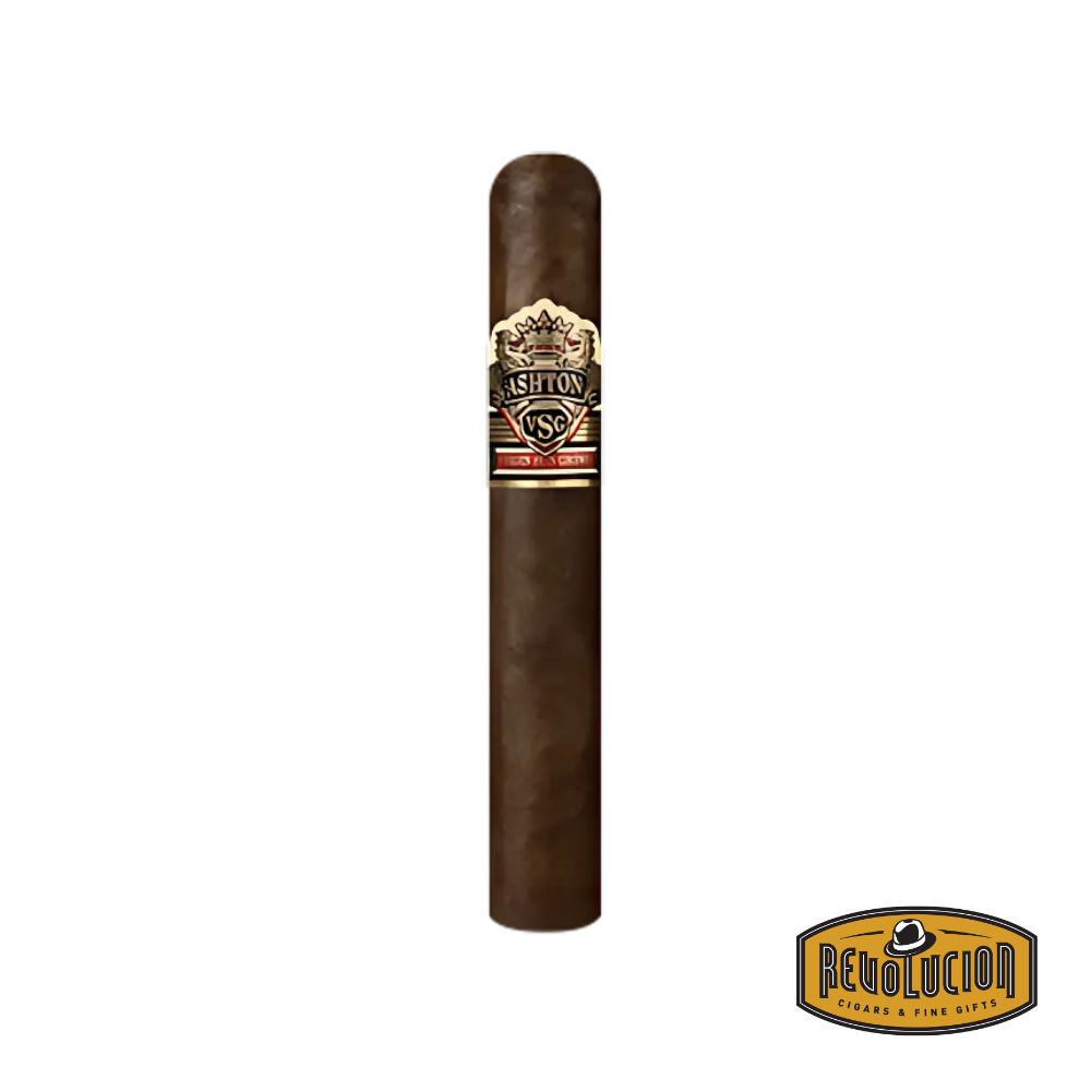 Ashton VSG Robusto Full Strength Dominican Cigar displayed on a wooden surface with a white background, highlighting its smooth, dark wrapper and the intricate band design.