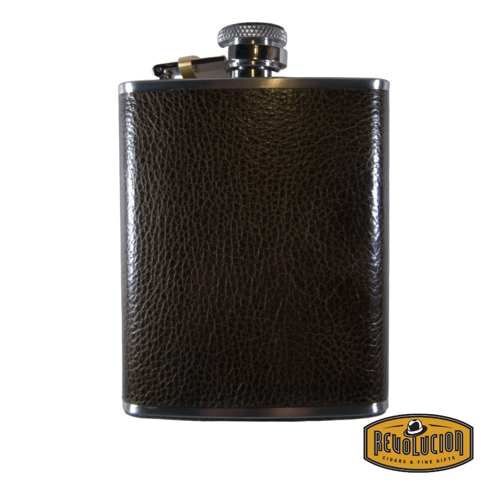 Classic flask with a rich textured leather finish in dark brown, complemented by a secure screw-on cap. Includes the Revolucion Cigars &amp; Fine Gifts logo