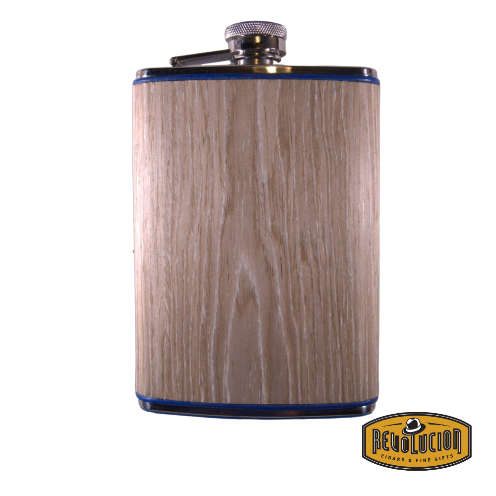 Stylish flask featuring a bleached oak wood finish, accented with royal blue trim and a secure screw-on cap. Includes the Revolucion Cigars &amp; Fine Gifts logo