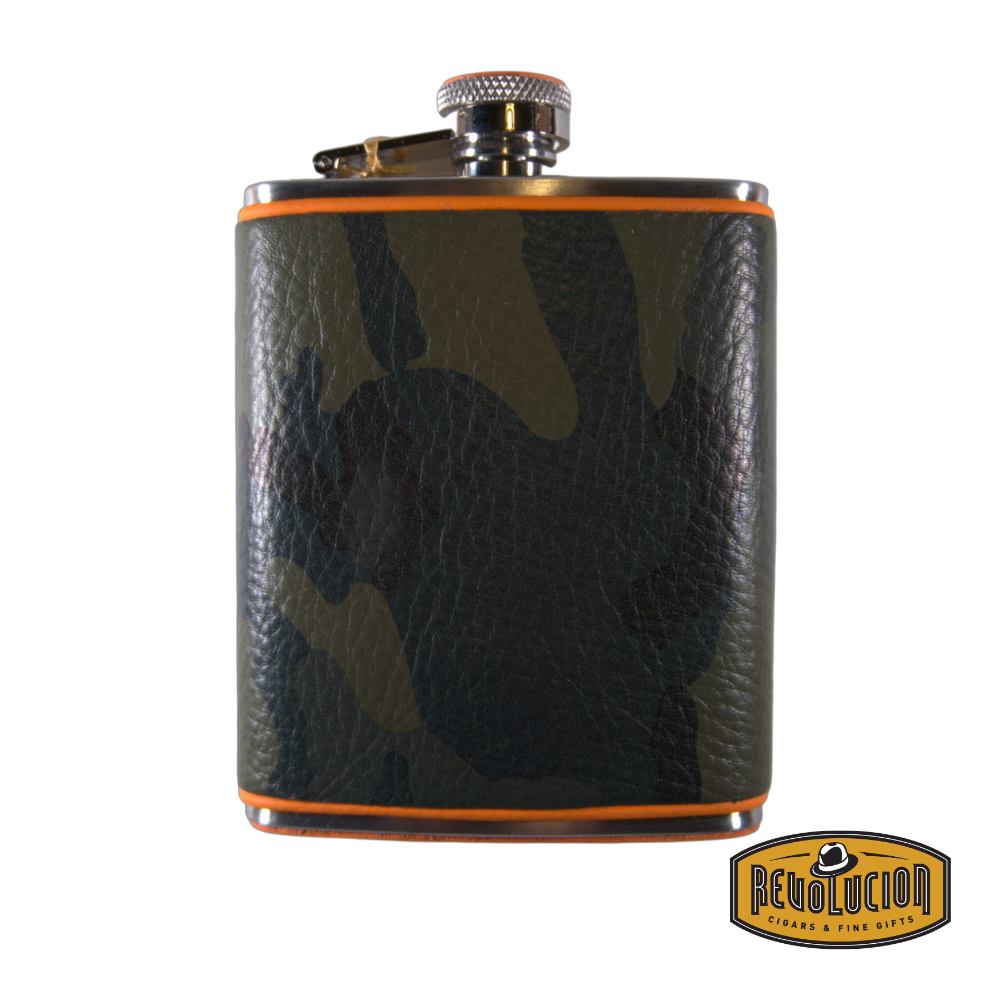 Stylish camouflage-patterned flask with a leather-like textured finish, accented by orange trim and a secure screw-on cap. Includes the Revolucion Cigars &amp; Fine Gifts logo