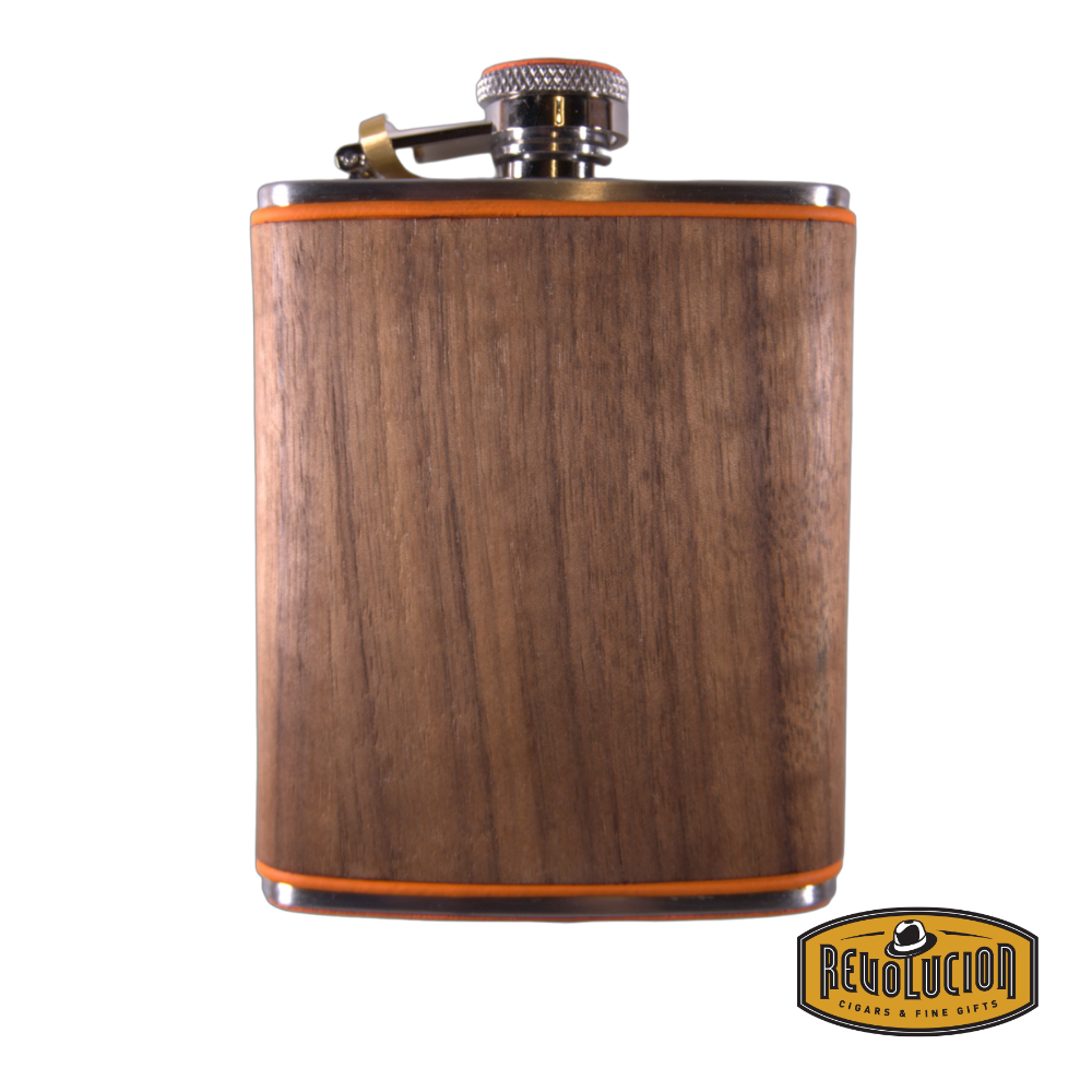 Elegant wooden flask featuring a smooth natural wood finish, highlighted with orange trim and a secure screw-on cap. Includes the Revolucion Cigars &amp; Fine Gifts logo