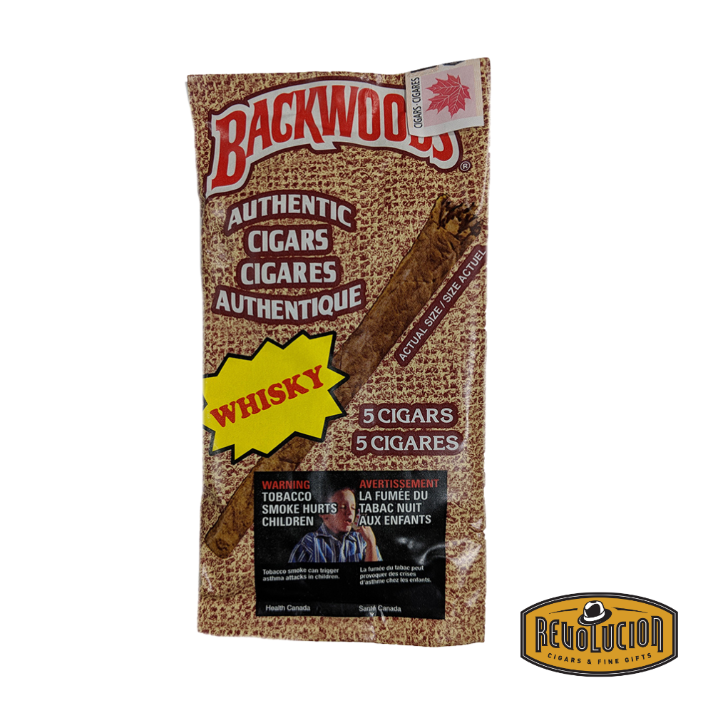 Backwoods Whiskey Flavored Cigar – pack of 5 machine-made cigars wrapped in natural leaf and infused with whiskey flavor.