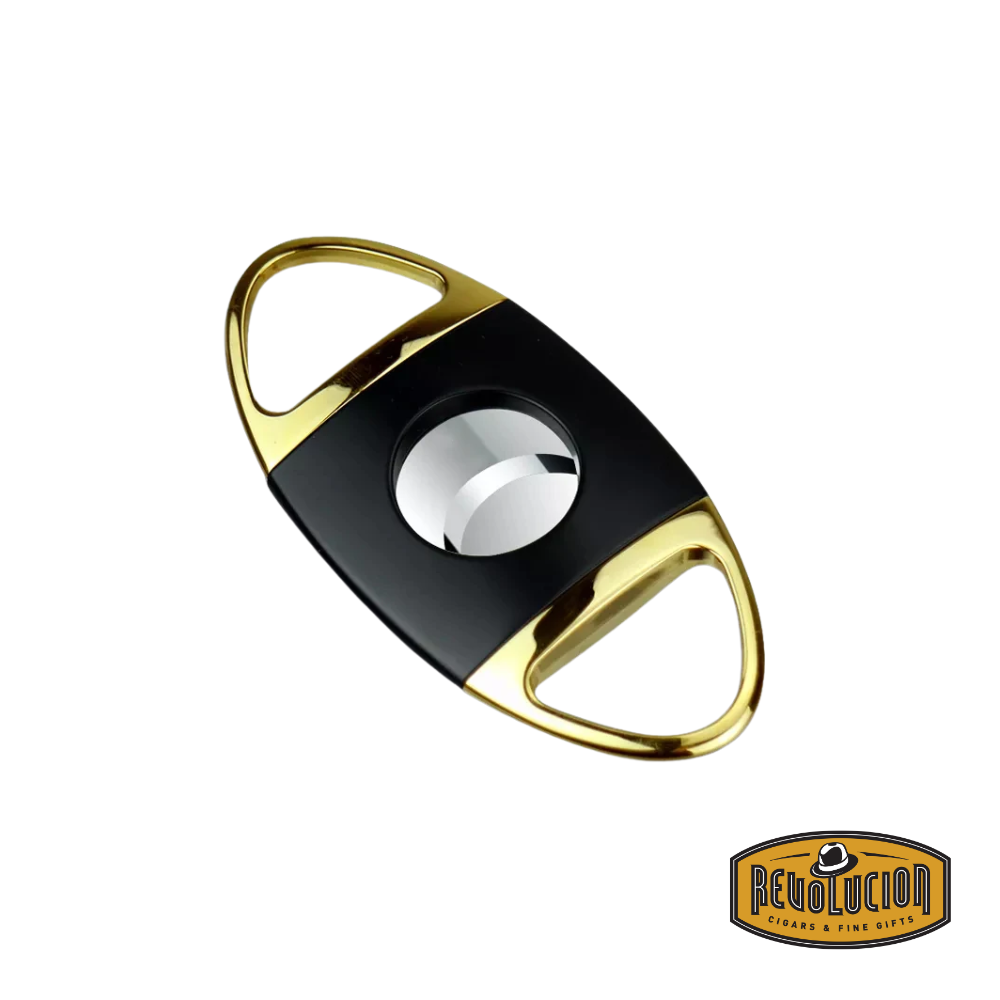 Baloon Cigar Cutter – Black/Gold edition featuring a sleek dual-tone finish with precision stainless steel blades, combining luxury aesthetics with efficient cigar cutting performance.