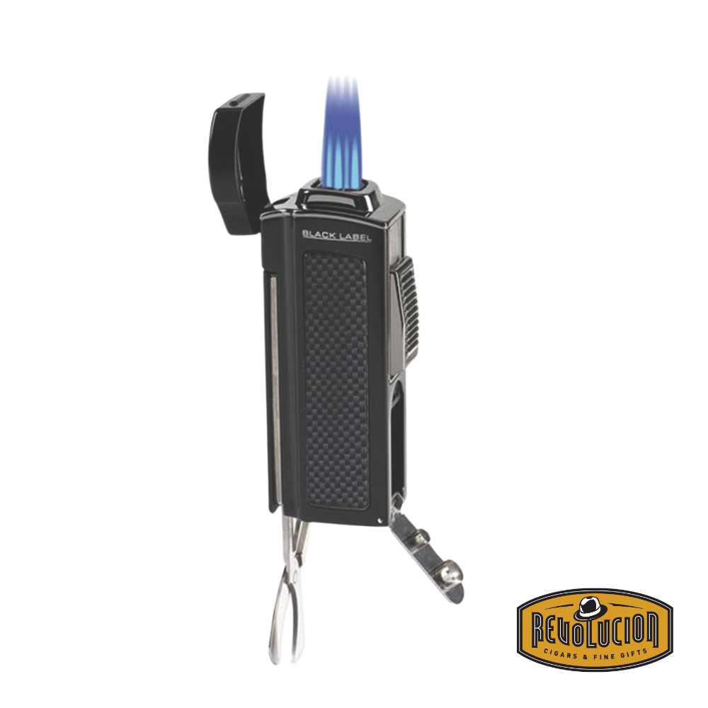 Black Label Dominator Table Quad Flame Lighter in Gunmetal, showcasing its powerful quad-jet flames with an integrated punch cutter and cigar scissors.