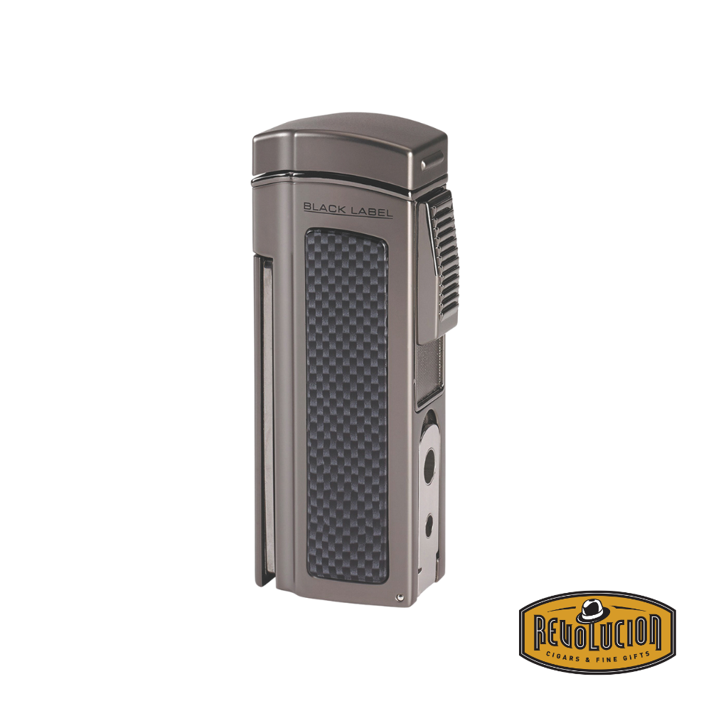 Black Label Dominator Table Quad Flame Lighter in Gunmetal, featuring a sleek and modern front design.