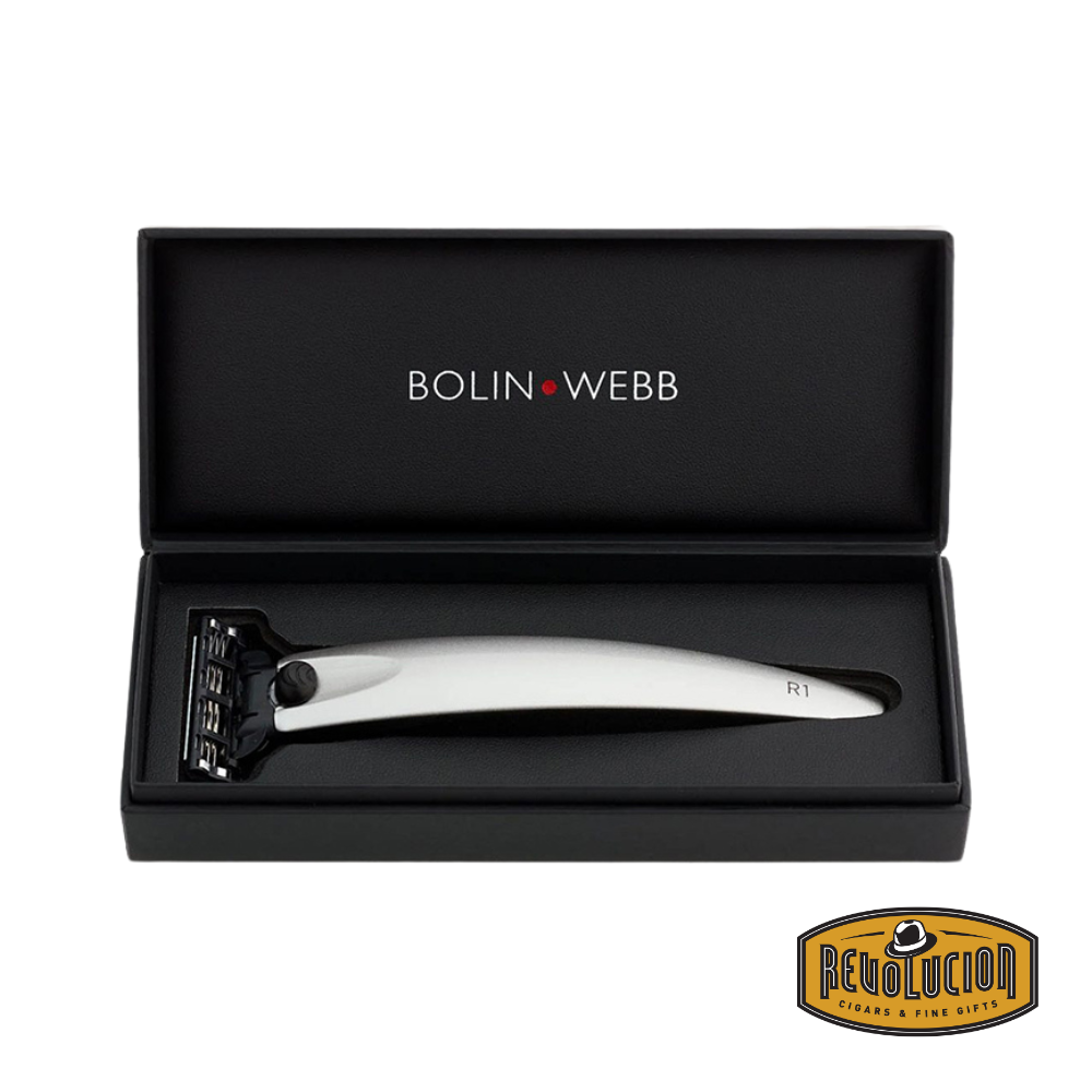 Bolin Webb R1 Argent Razor displayed alongside its elegant box.

